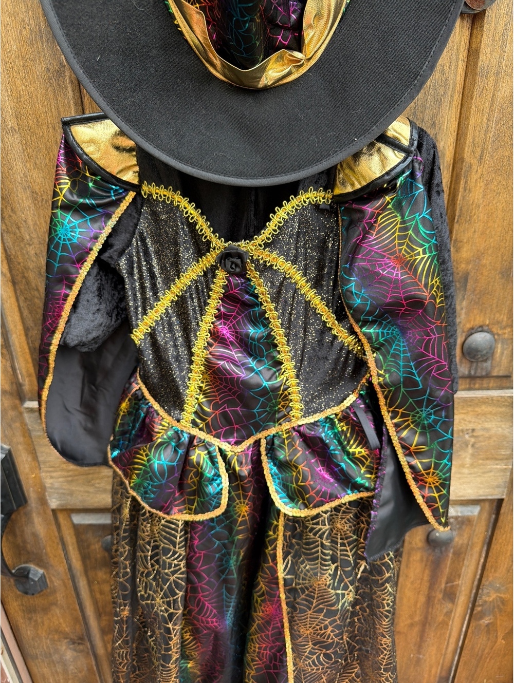 Colorful Spiderweb Witch Costume with Gold Trim and Matching Hat - Halloween or